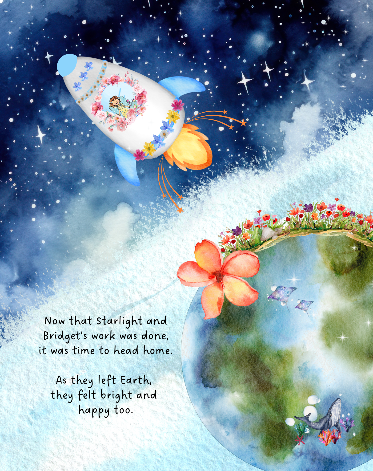 The page from Starlight Help the World that inspired the Bright & Happy Keychain – A colorful PVC rocketshape keychain featuring Starlight and Bridget perfect for gifts. Swivel style latch/hook.
