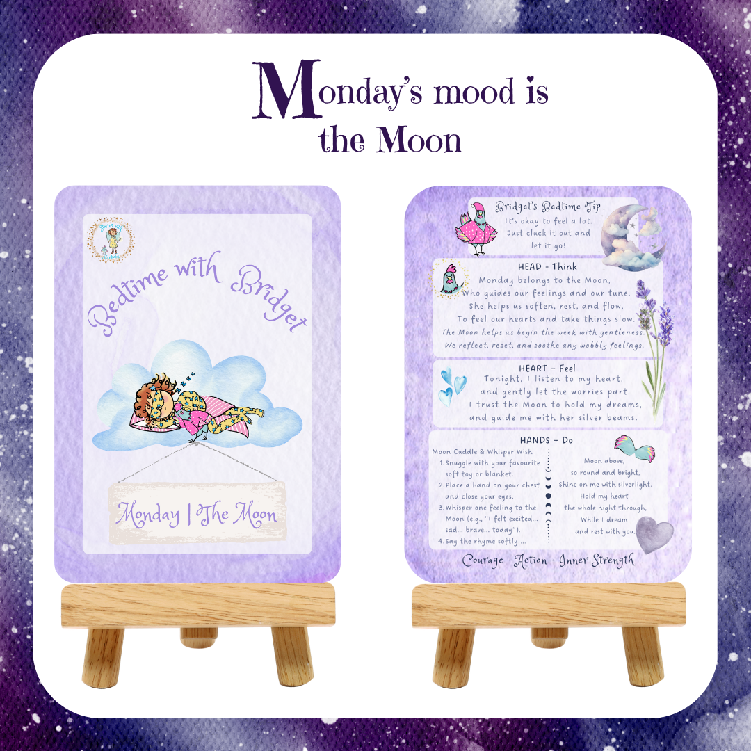 Two cards on stands with a purple background and text about 'Monday's mood is the Moon'.