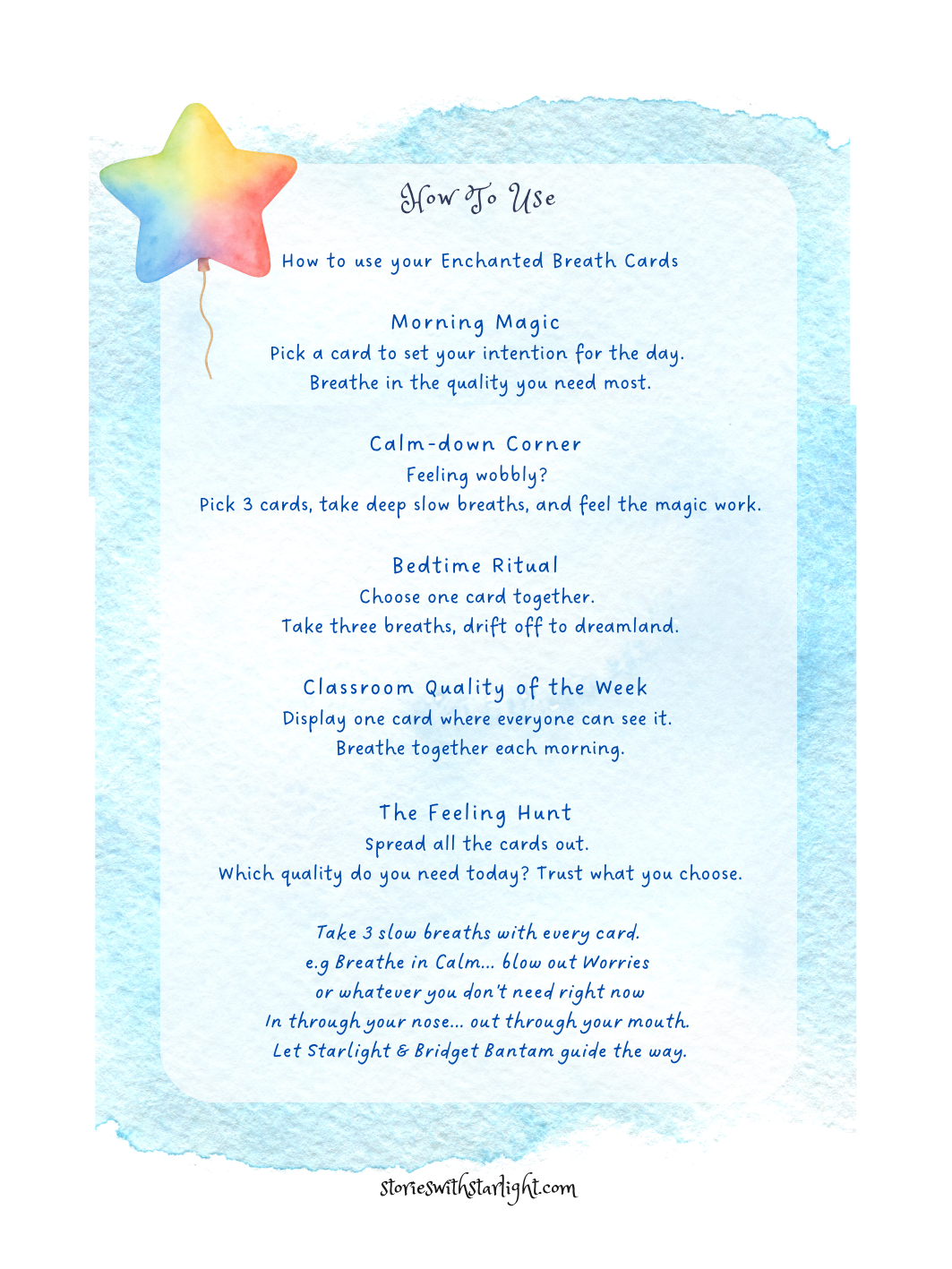Mindfulness Card Deck sample card showing breathing or movement activity | Stories with Starlight