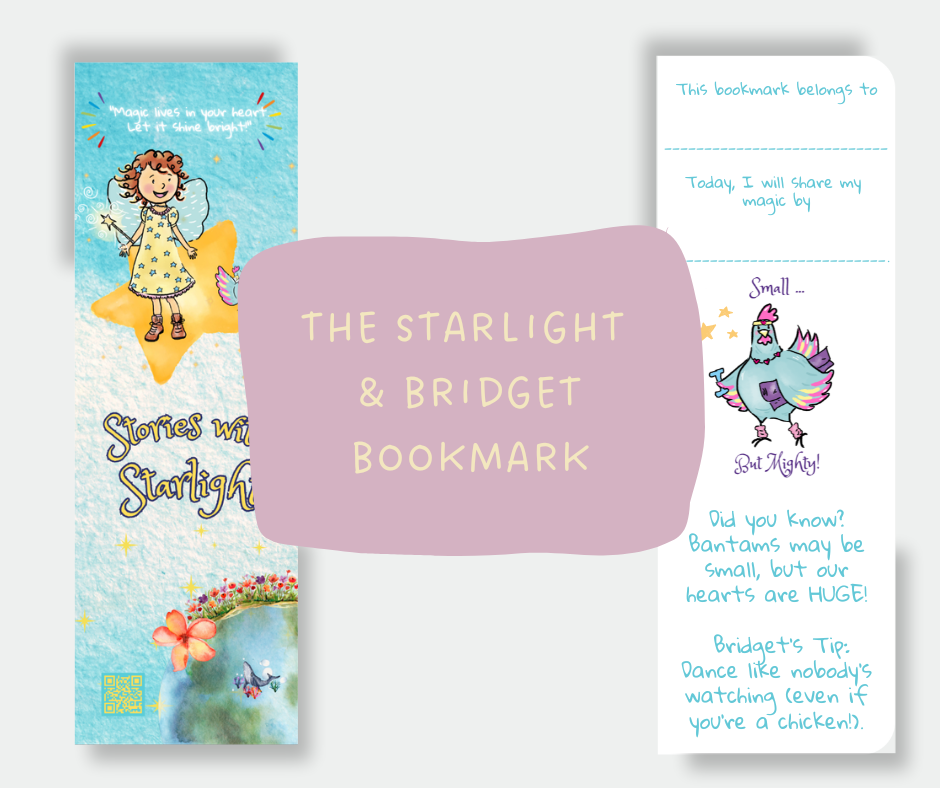 Starlight and Bridget children's bookmark — front and back view | Stories with Starlight
