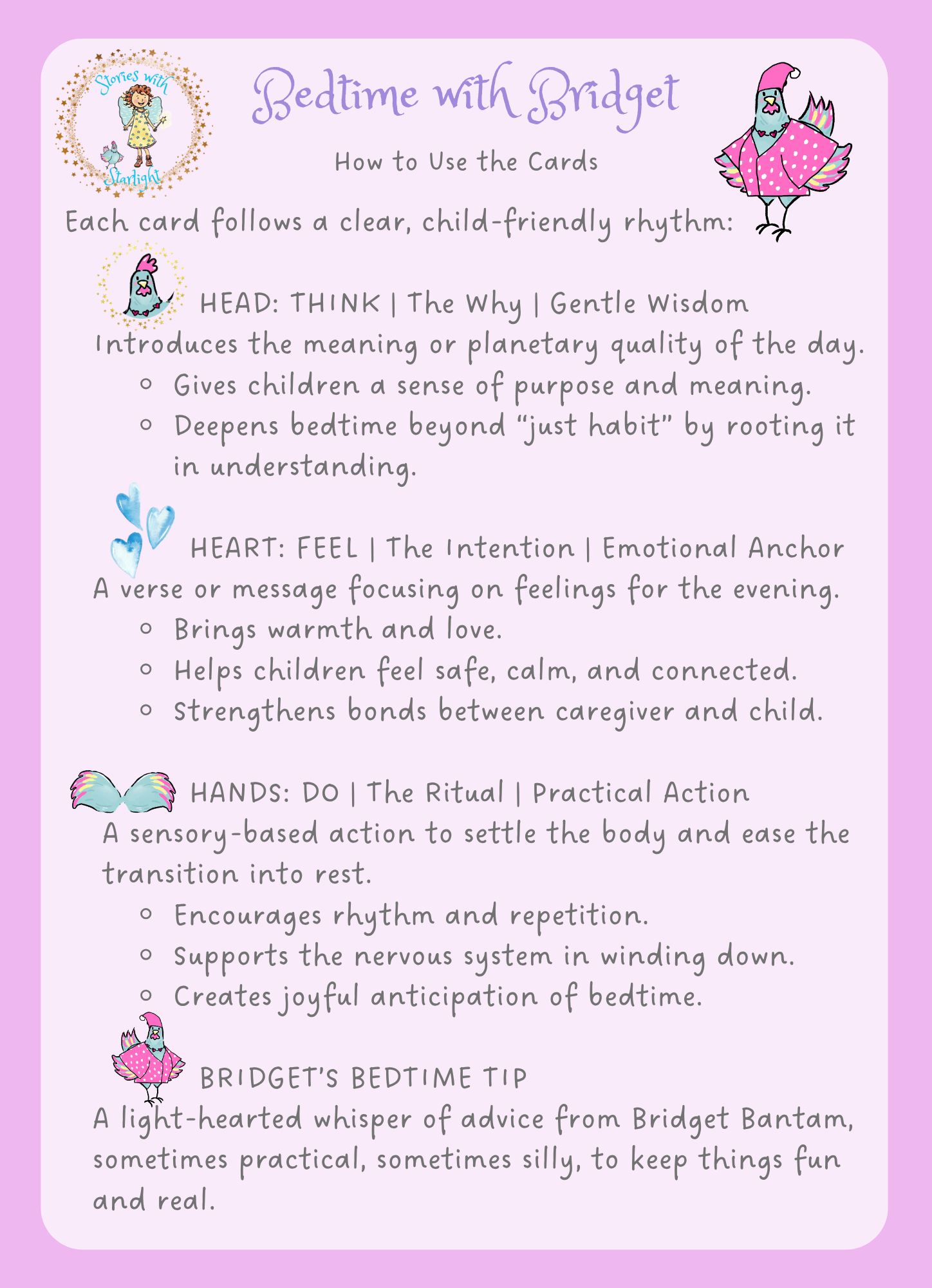 Instructions for using 'Bedtime with Bridget' cards on a pink background
