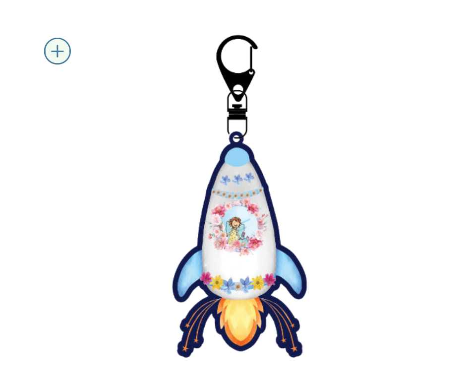 Bright & Happy Keychain – A colorful PVC rocketshape keychain featuring Starlight and Bridget perfect for gifts. Swivel style latch/hook.