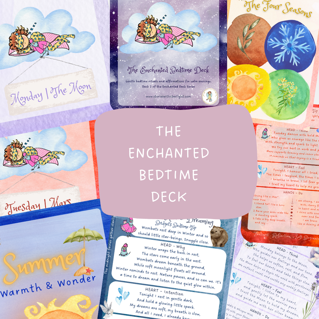Collection of colorful cards from 'The Enchanted Bedtime Deck' with various designs and text - Stories with Starlight