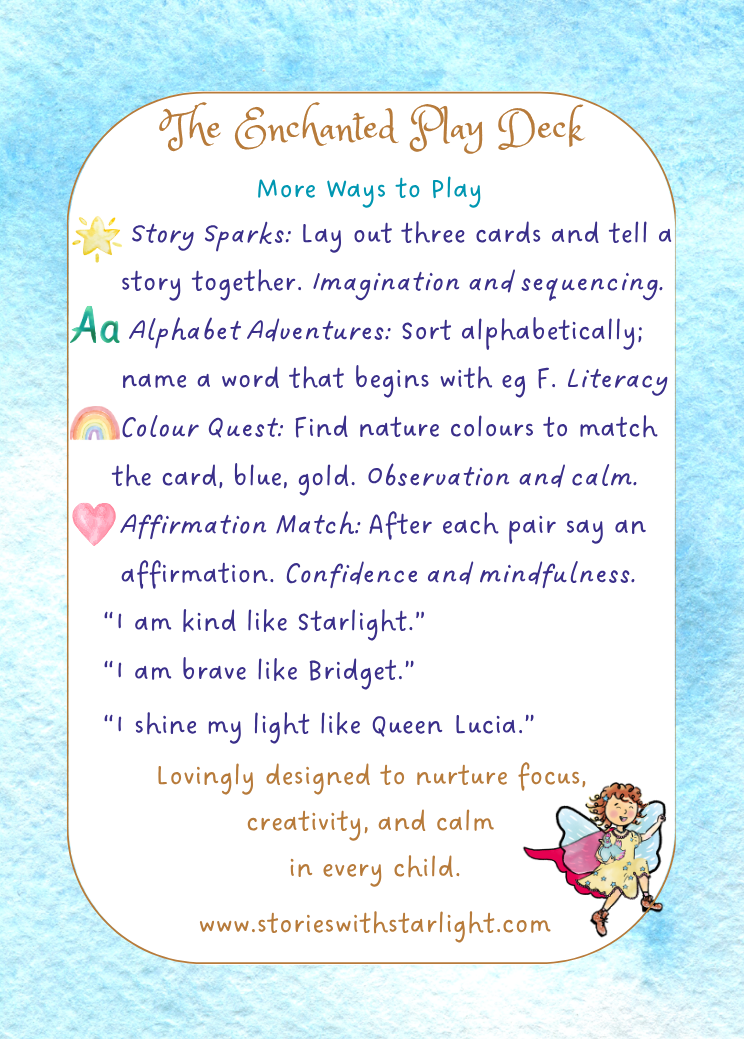 Instructions for using 'The Enchanted Play Deck' with a fairy illustration on a blue background.