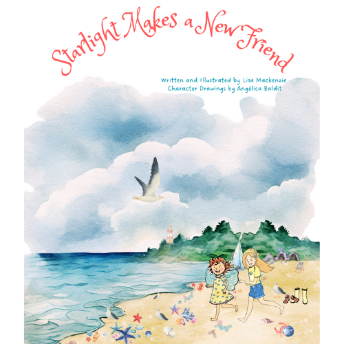 Book cover of 'Starlight Makes a New Friend' with two children on a beach and a seagull.